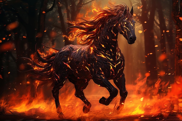 Blazing Fire horse in night forest Fog fantasy night Generate Ai