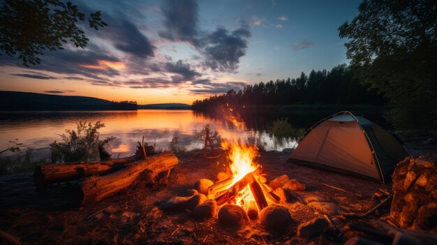 Blazing Flames and Tranquil Camp A Mesmerizing Riverside Experience in a Forest Clearing