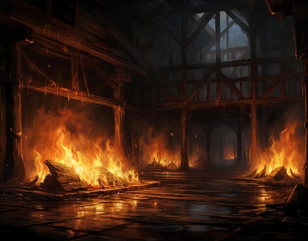 Foto furia ardente in un magazzino di legno abbandonato avvolto dalle fiamme