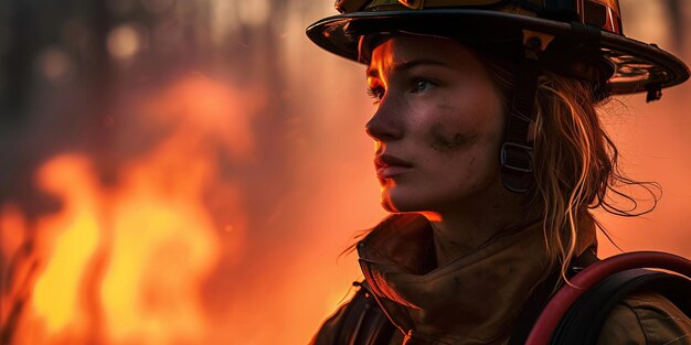 Foto l'eroina fiammeggiante un incontro ardente una donna senza paura che indossa un casco dei vigili del fuoco affronta un ruggito