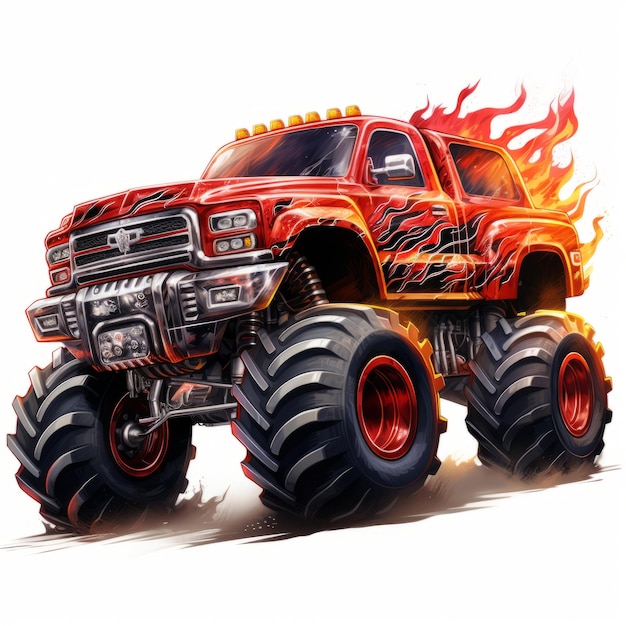 Blazing power red en silver monster truck exuding fiery flames realistisch 8k clipart op white bac