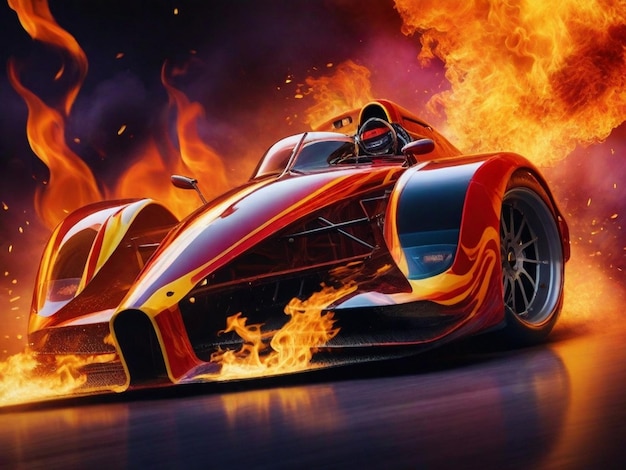 Photo a blazing racing car engulfed in flames against an abstract backdrop the car a sleek and powerful