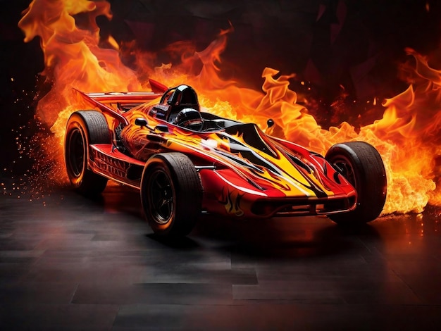 Photo a blazing racing car engulfed in flames against an abstract backdrop the car a sleek and powerful