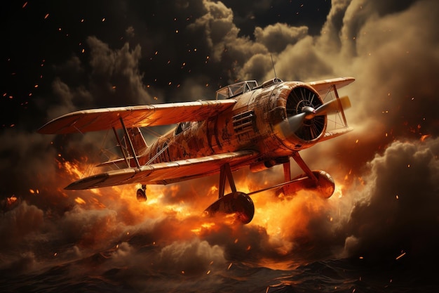 炎に包まれた古い飛行機の燃える遺物 生成 AI