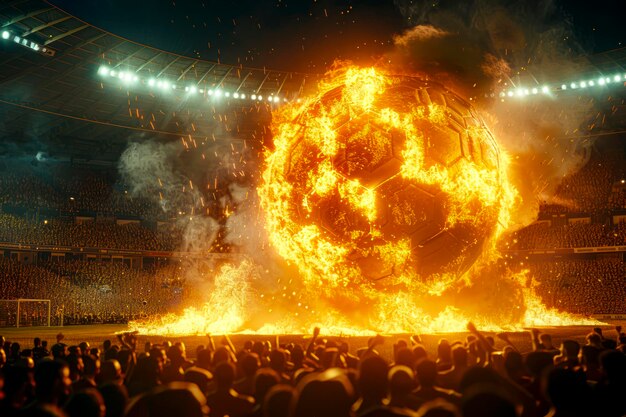 Blazing Soccer Ball Soaring Through Packed Night Stadium