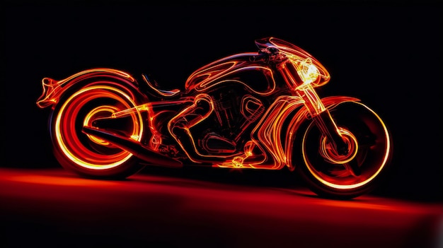柔らかな黒と燃えるような赤の驚異的な速度の魅惑的なオートバイの光の彫刻