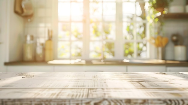 Photo bleached wooden table top on blurred kitchen summer window background generative ai