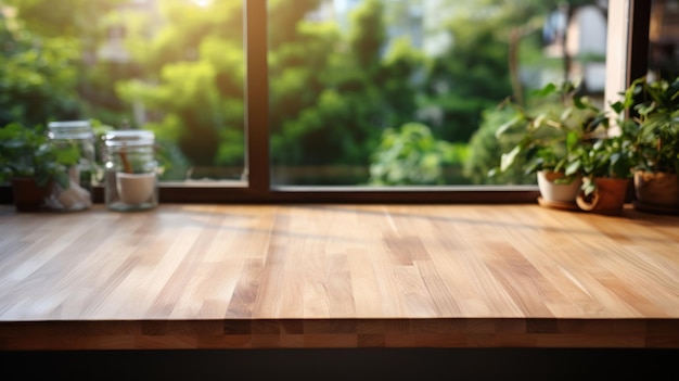 Photo bleached wooden table top on blurred kitchen