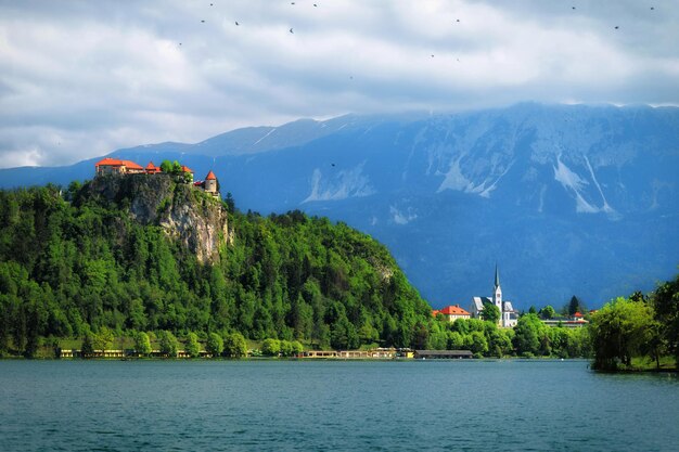 Bled Castle with mountains in background