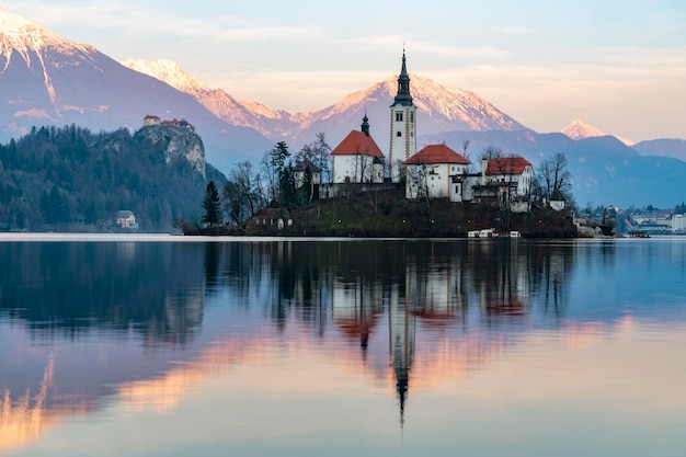 Bled lake panorama at sunset in winter season