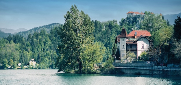 Bled lake Slovenia toned panoramic image