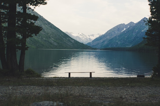 Photo bled lake with beautiful island observation bench