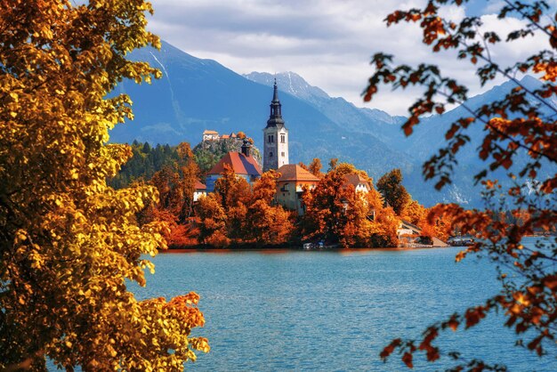 Bled Lake with church and mountains in background