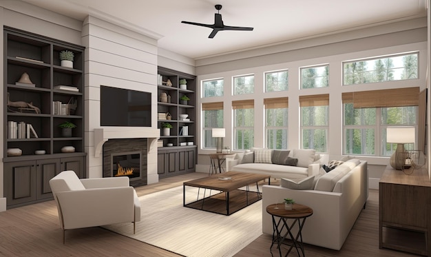 A blend of modern and farmhouse elements create a stylish living and family room Creating using generative AI tools