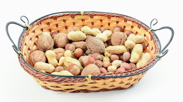 Blend of nuts in wicker basket on white background. The concept of proper nutrition.