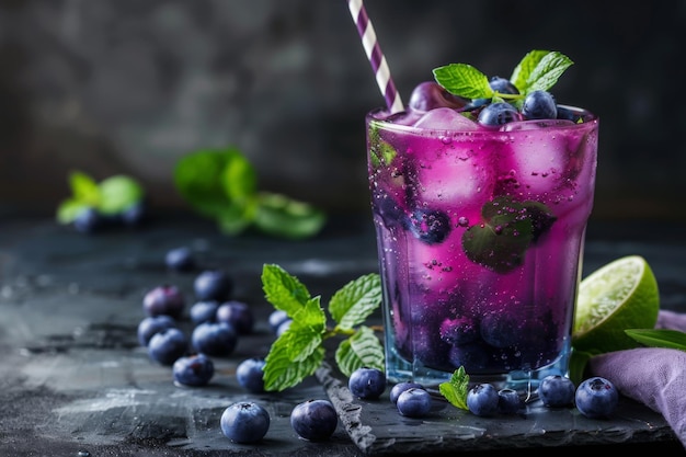 Blend of Wellness A professional photo advertising a fresh and healthy purple cocktail smoothie