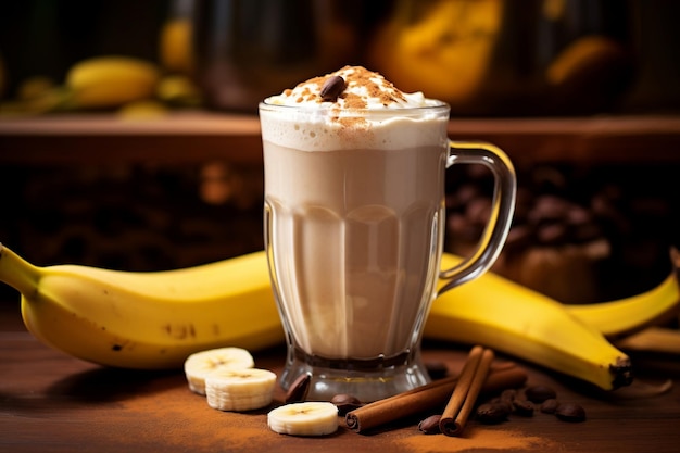 Blended Banana Coffee in a tall glass cup on a brown background Image generated by AI