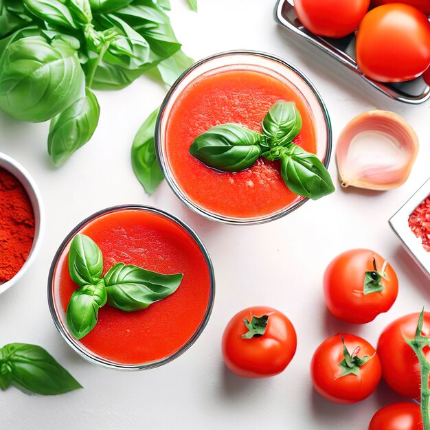 Blended fresh tomato juice with basil leaves in glasses and ingredients for its preparation on a white table top view