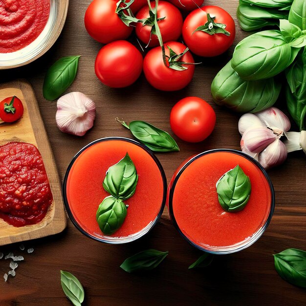 Blended fresh tomato juice with basil leaves in glasses and ingredients for its preparation on a wooden table top view