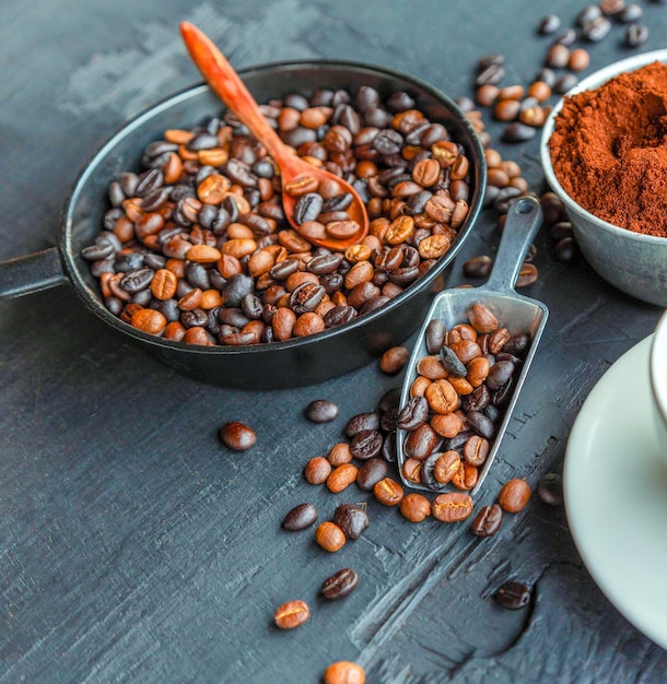 Blended roasted coffee beans or mix coffee beans with ground coffee beans and coffee powder