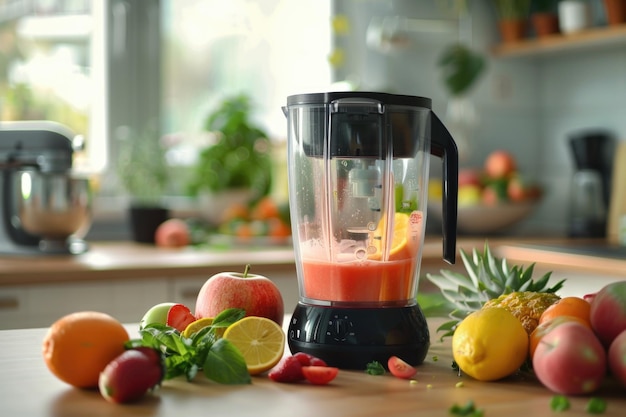 Blender en ingrediënten voor smoothie op keukentafel