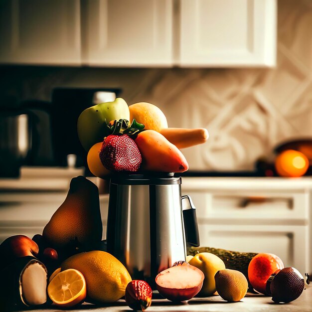 Blender and fruits on kitchen space Still life