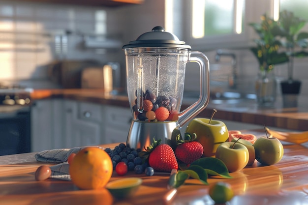 Blender and fruits on kitchen space