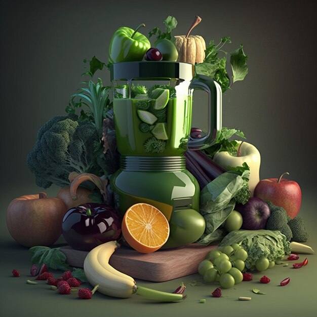 A blender full of fruits and vegetables with a green liquid in the middle.