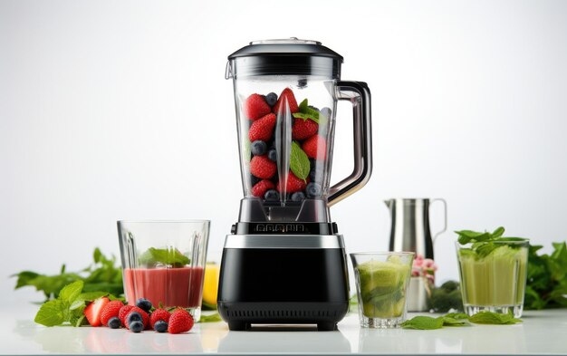 Blender gevuld met vers fruit en groenten op een tafel