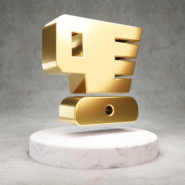 Blender icon. Gold glossy Blender symbol on white marble podium. Modern icon for website, social media, presentation, design template element. 3D render.