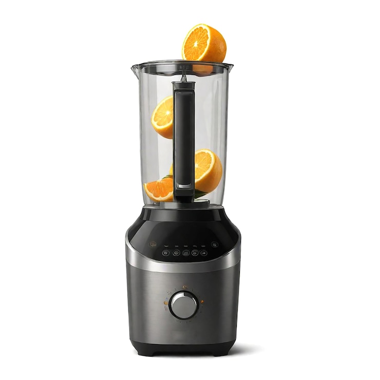 Photo blender near ripe lemons amp orange on white background