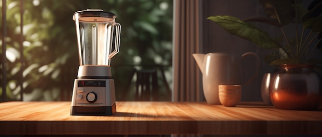 Blender sitting on top of a table next to a cup