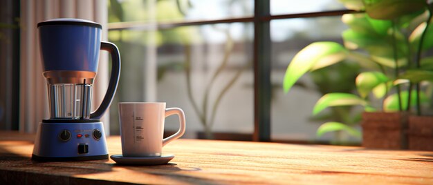 Blender sitting on top of a table next to a cup