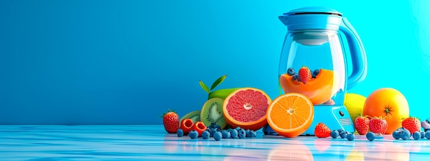 오렌지, 딸기 키위, 블루베리와 같은 신선한 과일로 둘러싸인 블렌더