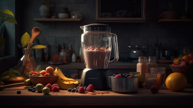 A blender with a banana and other ingredients on a counter.