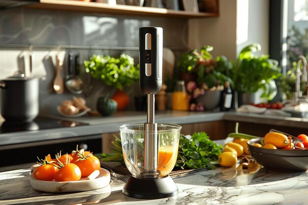 Photo a blender with a bunch of vegetables on a counter with a bunch of vegetables on it