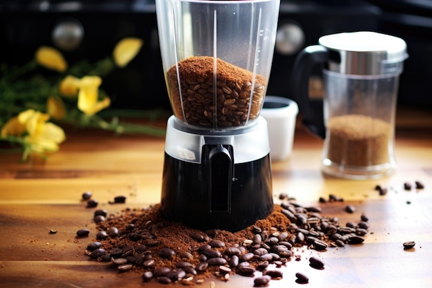 Blender with coffee beans and ice for a cold brew