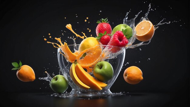 Blender with fruit flying isolated on black background fruit juice and splash