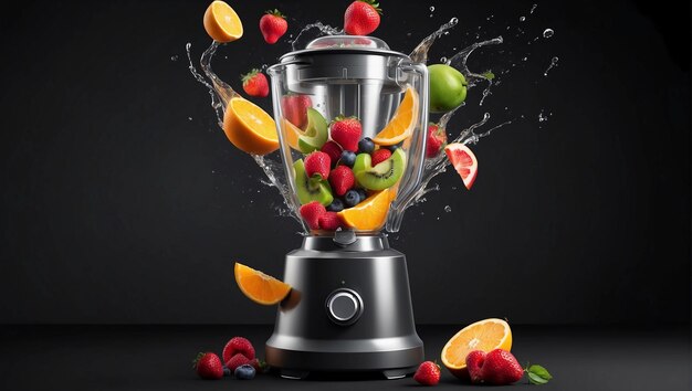 Blender with fruit flying isolated on black background fruit juice and splash
