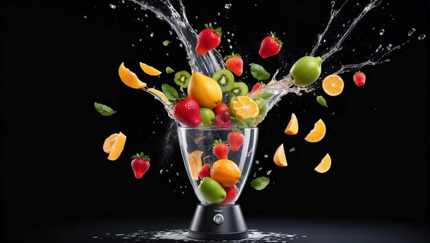 Blender with fruit flying isolated on black background fruit juice and splash