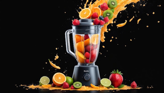 Blender with fruit flying isolated on black background fruit juice and splash
