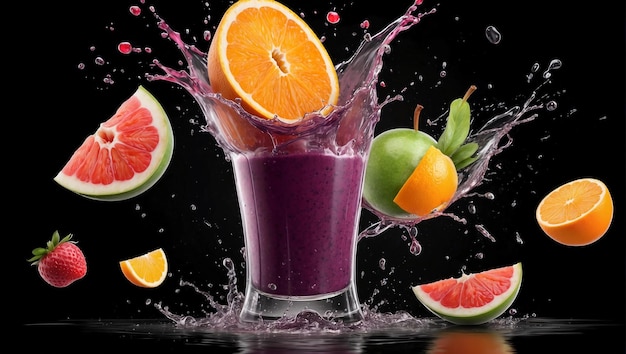 Blender with fruit flying isolated on black background fruit juice and splash