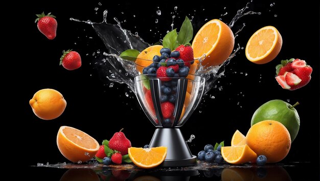 Blender with fruit flying isolated on black background fruit juice and splash