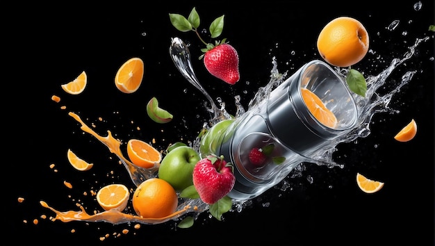 Blender with fruit flying isolated on black background fruit juice and splash