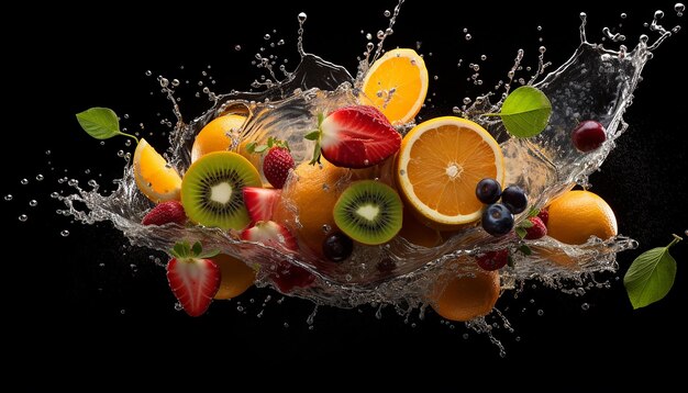 Blender with fruit flying isolated on black background fruit juice and splash