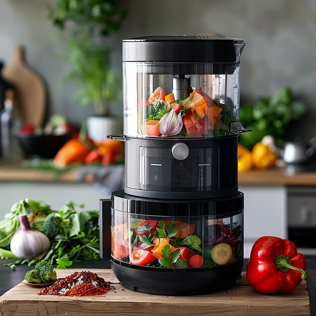 Photo a blender with fruit and vegetables on a table