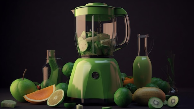 A blender with green liquid and a bunch of fruits on it