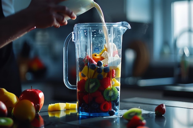 Photo blending fresh milk with colorful fruits