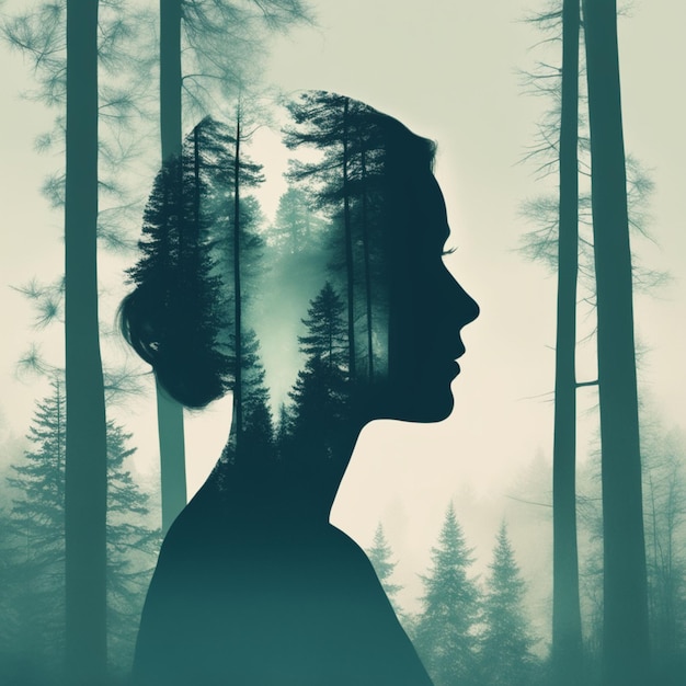 Blending a peaceful forest landscape with a person's profile The forest should serve as the primary