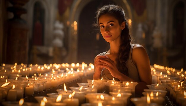 The blessing of candles in a church capturing the glow of the candles against the backdrop